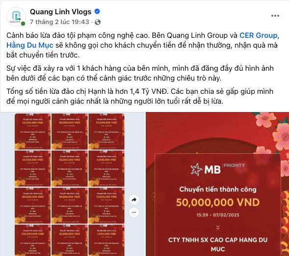 Quang Linh Vlog đăng bài cảnh báo