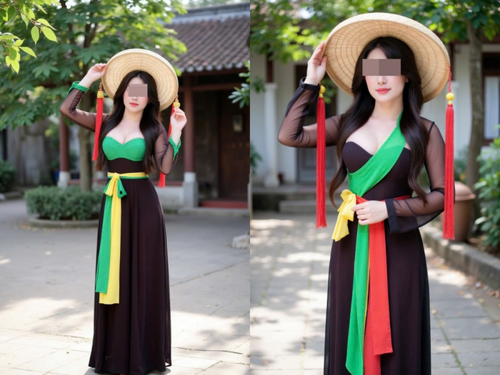 Phần cắt xẻ vô cùng táo bạo khiến phần áo trong cùng có xu hướng hở gần hết vòng 1.