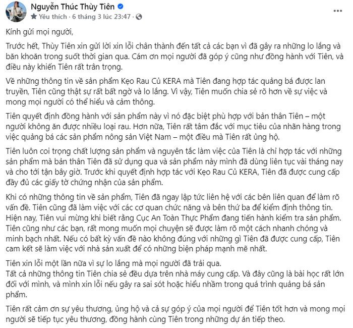Bài đăng xin lỗi của Thùy Tiên. 