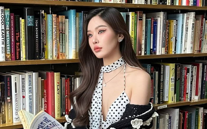Hoa hậu diện áo xẻ sâu, lấp ló 'gò bồng đảo' ở tiệm bán sách Ảnh 2