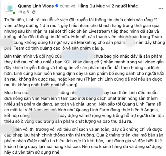 Bài xin lỗi của Quang Linh Vlogs về việc quảng cáo 'lố' sản phẩm.