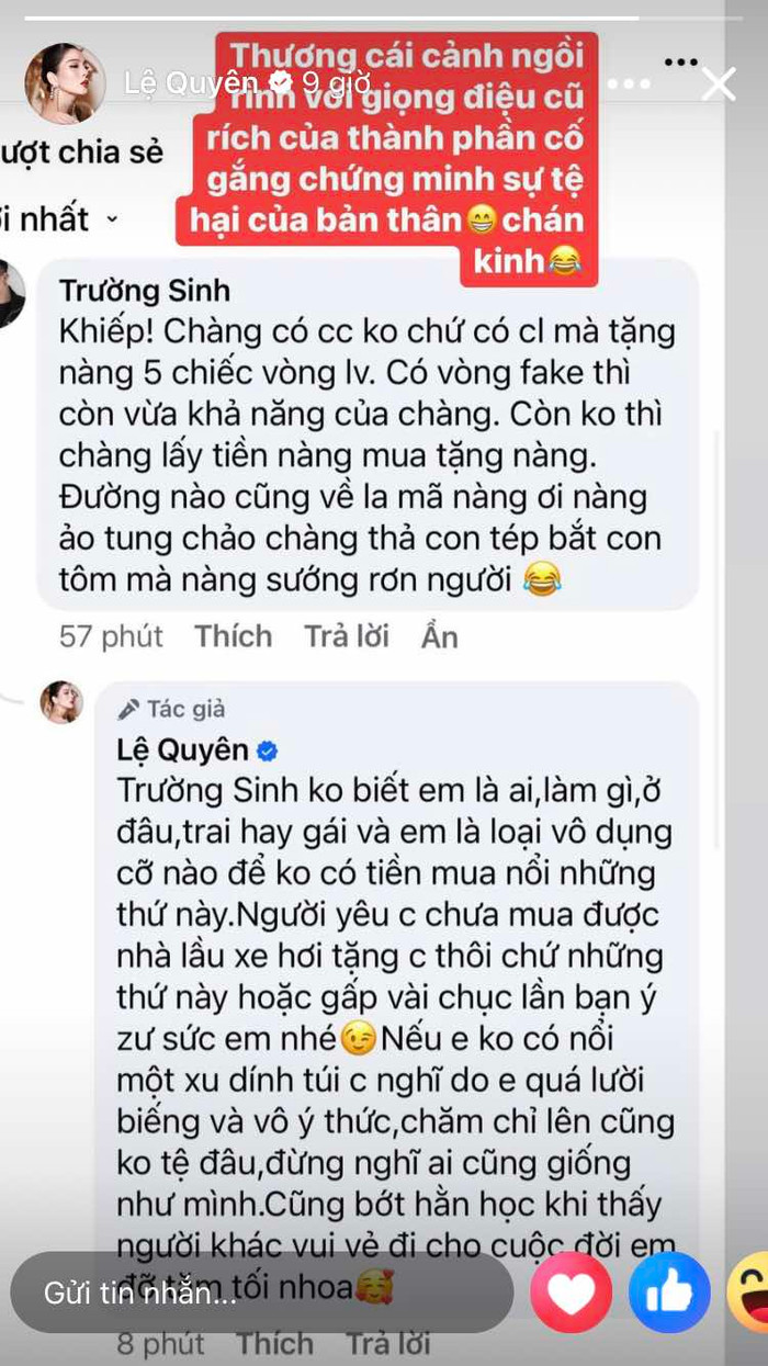 Nữ ca sĩ không ngại đáp trả khi bạn trai bị mỉa mai. (Ảnh FBNV)