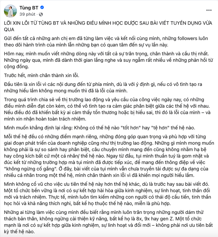 Tùng BT xin lỗi sau khi nhận vô số chỉ trích.