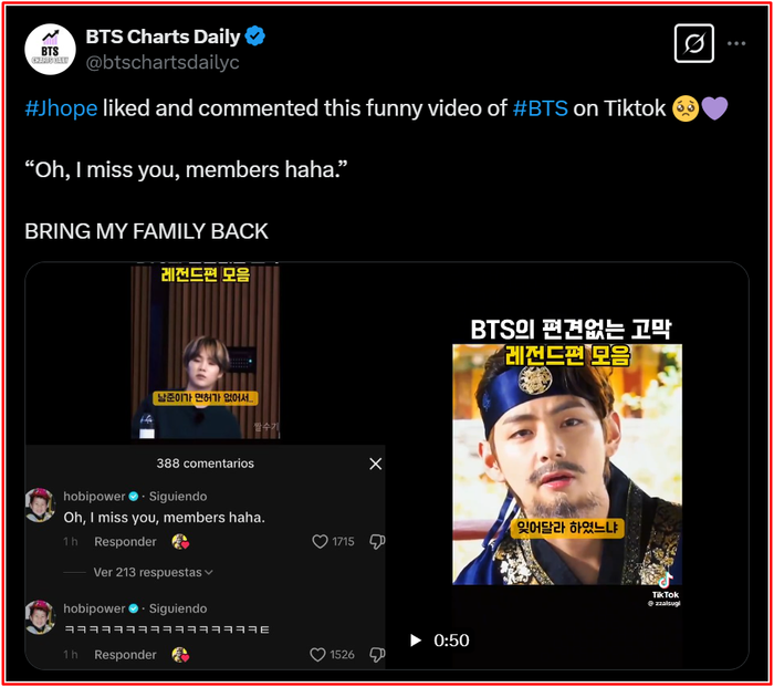 Tài khoản TikTok của J-Hope gây bão khi bình luận bên dưới đoạn clip mà fan thực hiện.