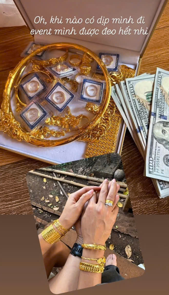 H'Hen Niê khoe bộ trang sức bằng vàng phát sáng, được cho chính là của hồi môn mà nàng hậu nhận được trong lễ cưới. (Ảnh chụp màn hình)