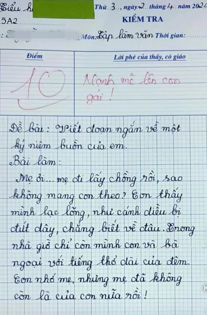 Bài văn tả nỗi buồn đạt điểm 10, cô giáo để lại lời phê gây chú ý.
