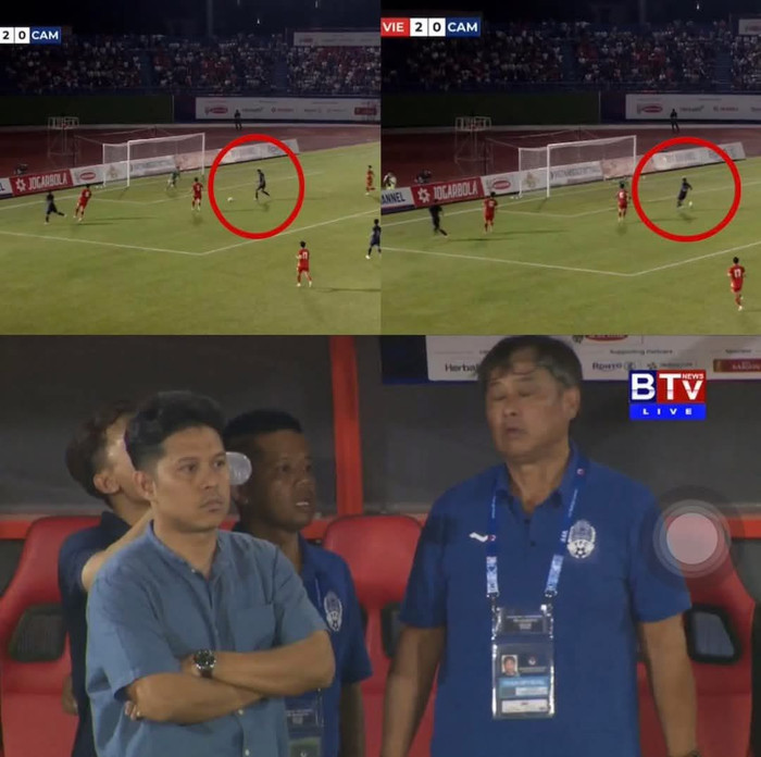 Pha bỏ lỡ khó tin của cầu thủ Campuchia trước khung thành tuyển Việt Nam.