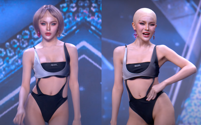 Đại diện Samut Songkhram tháo tóc giả, khoe đầu trọc trên sân khấu. (Ảnh chụp màn hình)