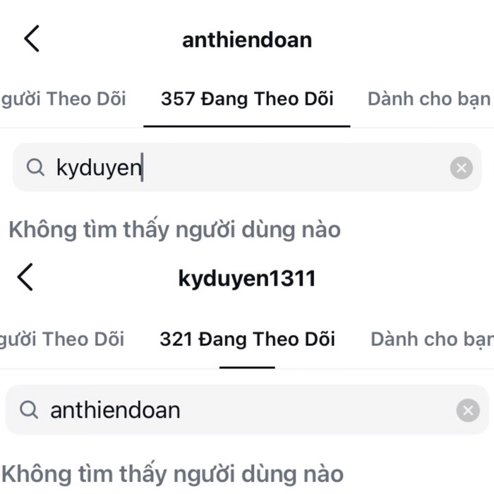 Kỳ Duyên và Thiên Ân bất ngờ hủy theo dõi đối phương trên mạng xã hội. (Ảnh chụp màn hình)