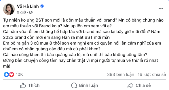 Chiến thần review Võ Hà Linh lên tiếng về tin đồn 'mâu thuẫn với brand'.