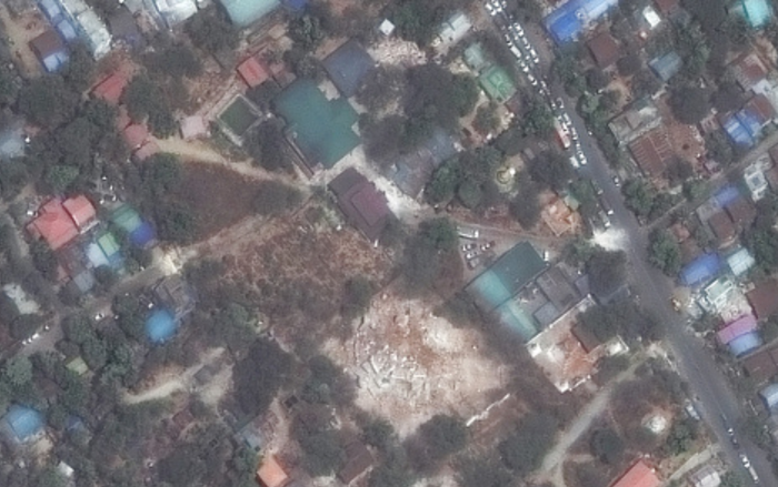 Hình ảnh vệ tinh cho thấy chùa Ma Shi Khana bị sụp đổ sau trận động đất ở Sagaing, Myanmar, ngày 29 tháng 3 năm 2025.