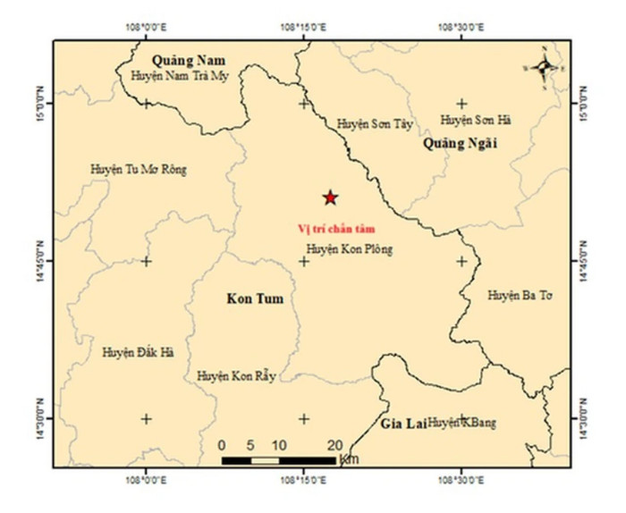 Bản đồ khu vực tâm chấn động đất tại huyện Kon Plông. Ảnh: Sưu tầm