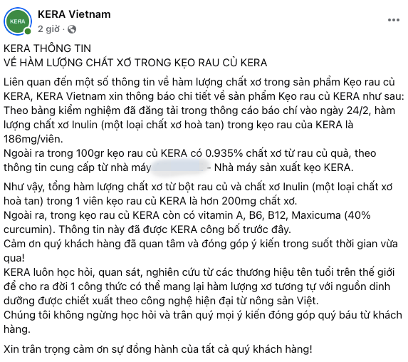 Thương hiệu kẹo rau củ mà Quang Linh Vlogs quảng cáo đưa ra phản hồi về hàm lượng chất xơ Ảnh 1