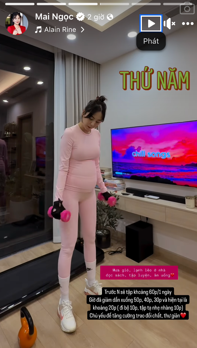 MC Mai Ngọc lựa chọn cách tập luyện nhẹ nhàng khi ở những tháng cuối của thai kỳ. Ảnh: FBNV