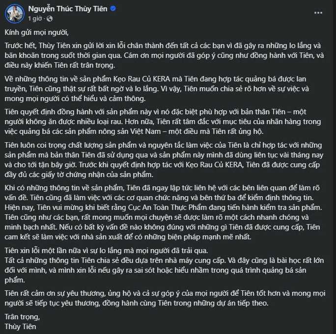 Hoa hậu Thùy Tiên xin lỗi. Ảnh chụp màn hình