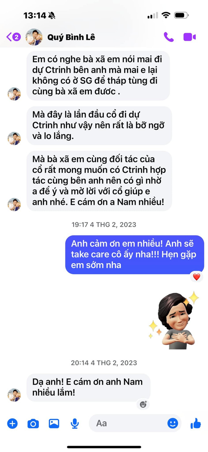 Quý Bình nhờ đàn anh giúp đỡ vợ doanh nhân. (Ảnh chụp màn hình)