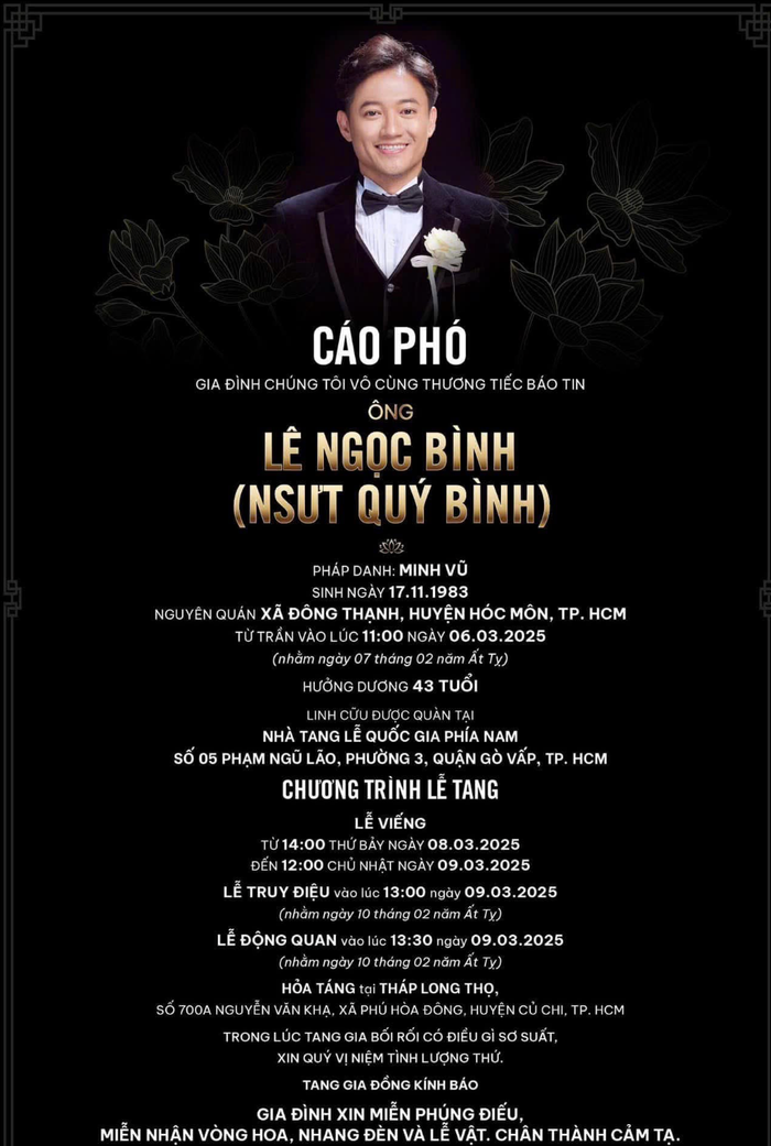 Thông tin lễ tang của Quý Bình. (Ảnh: Sưu tầm) 