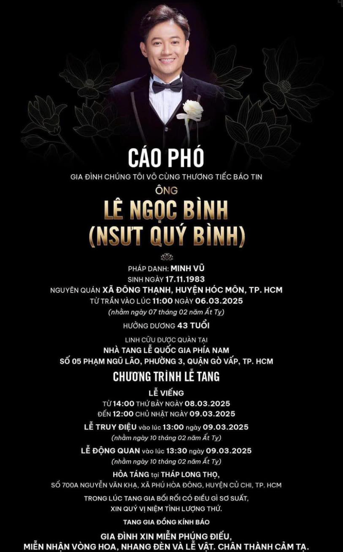Hình ảnh cáo phó của Quý Bình. Ảnh: Sưu tầm