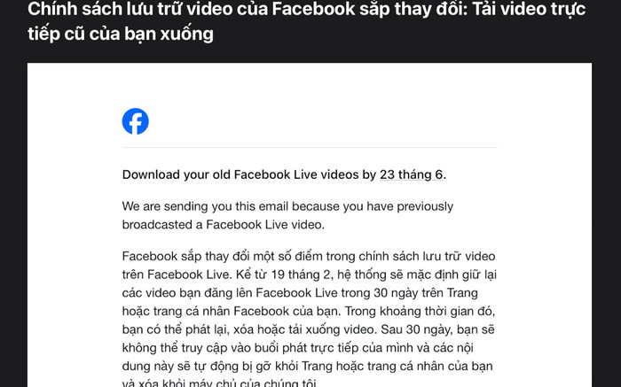 Facebook sẽ xóa toàn bộ video livestream tại Việt Nam sau 30 ngày Ảnh 2
