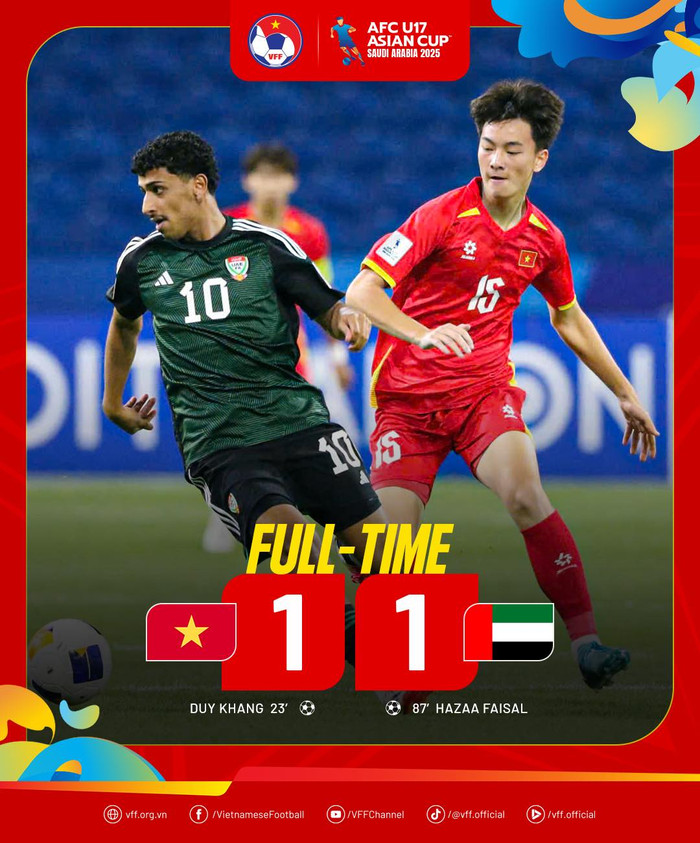U17 Việt Nam không thể giành quyền đi tiếp khi để hòa U17 UAE với tỷ số 1-1, ở lượt cuối bảng B - VCK U17 châu Á 2025. Ảnh: VFF