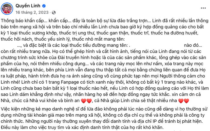 Quyền Linh đã ghim bài viết cảnh báo lừa đảo từ năm 2023 ở trên đầu page có tích xanh với mục đích thông báo đến đông đảo khán giả. Ảnh: Chụp màn hình