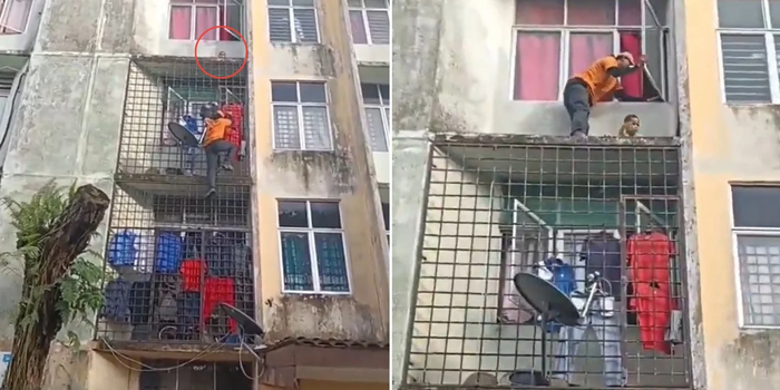Nghẹt thở khoảnh khắc người đàn ông liều mình leo 4 tầng nhà cứu bé trai kẹt trên bệ cửa sổ Ảnh 1