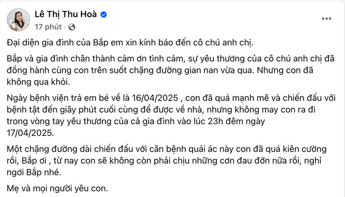 Tâm thư của mẹ bé Bắp sau khi con trai qua đời.