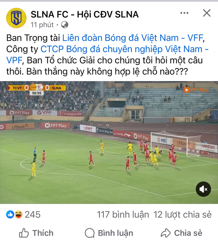 Diễn đàn bóng đá xứ Nghệ đã phản ứng về việc đội nhà bị tước bàn thắng ở hiệp hai. Ảnh chụp màn hình