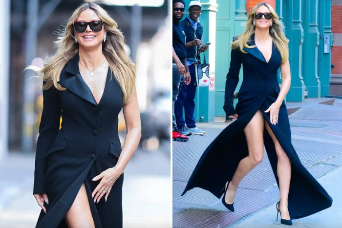 Heidi Klum bị gió thổi tốc váy, suýt rơi vào tình huống 'hớ hênh'. (Ảnh tổng hợp)