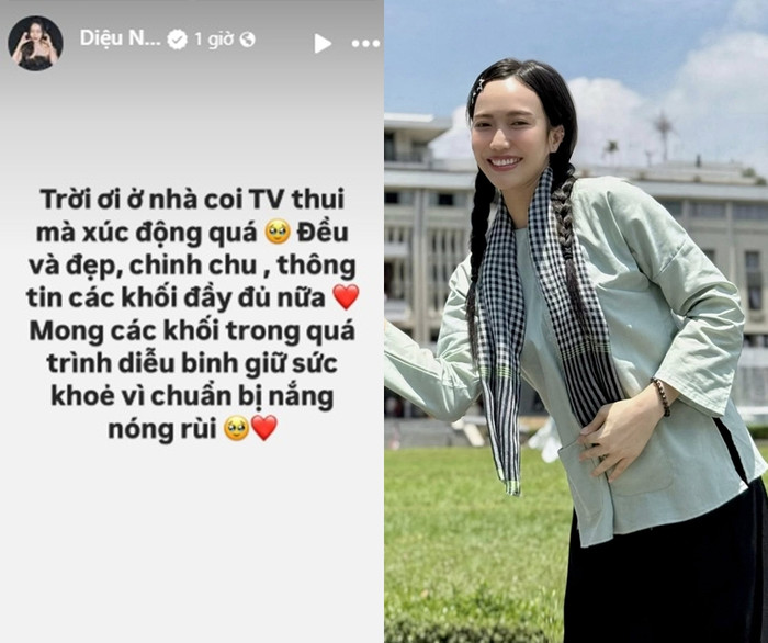 Diệu Nhi xúc động khi theo dõi lễ diễu binh, diễu hành. 'Đều, đẹp, chỉn chu, thông tin các khối đầy đủ nữa. Mong các khối trong quá trình diễu binh giữ sức khỏe vì chuẩn bị nắng nóng rồi', nữ diễn viên.