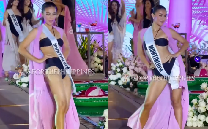 Thí sinh Hoa hậu Hoàn vũ Philippines 2025 uốn éo phản cảm khi diễn bikini, khác xa tinh thần của cuộc thi hướng tới. (Ảnh chụp màn hình)