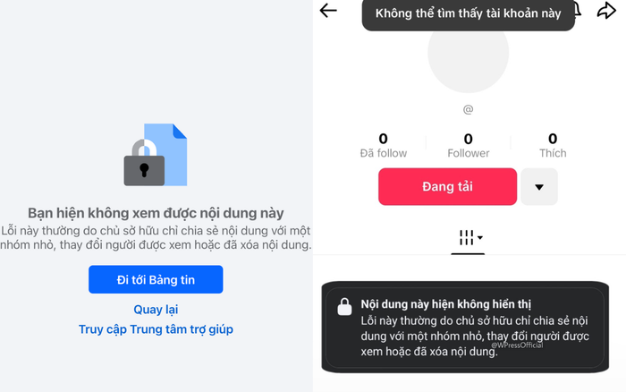 Khi khán giả truy cập vào trang Facebook, tài khoản TikTok của Thùy Tiên đều nhận về kết quả như ảnh trên. Ảnh: Sưu tầm