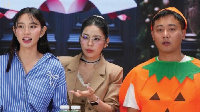 Thùy Tiên, Hằng Du Mục, Quang Linh Vlogs đang quảng cáo kẹo rau củ KERA trong một phiên livestream bán hàng. Ảnh: Sưu tầm