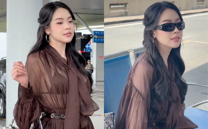 Bộ váy mỏng, xuyên thấu, lộ nội y của Hoa hậu Thanh Thủy gây tranh cãi. (Ảnh chụp màn hình)