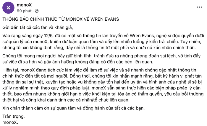 Thông báo mới nhất từ phía công ty quản lý của Wren Evans giữa lúc nam ca sĩ vướng ồn ào tình ái. Ảnh: Chụp màn hình