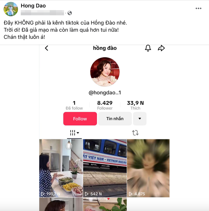 Hồng Đào rơi vào tình cảnh đáng lo khi bị mạo danh tài khoản TikTok, phải đăng đàn cảnh báo khán giả.
