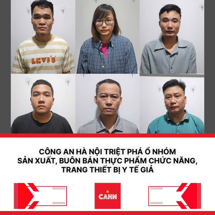 Các đối tượng sản xuất, buôn bán thực phẩm chức năng, trang thiết bị y tế giả. Ảnh: Công an Hà Nội