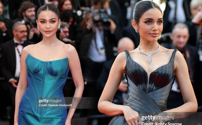 Cùng là lần đầu tham dự Liên hoan phim Cannes nhưng Engfa Waraha và Veena Praveenar Singh ở tình cảnh trái ngược. (Ảnh: Getty Images)