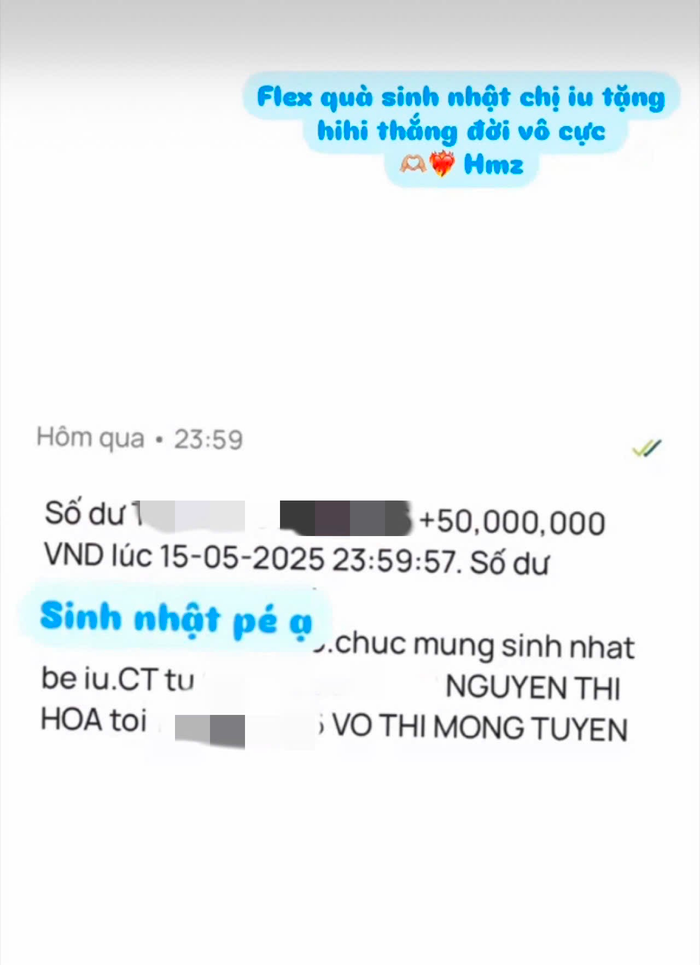 Hoà Minzy chuyển khoản vào thời điểm sát ngày mới để chúc mừng sinh nhật trợ lý. Ảnh: FBNV