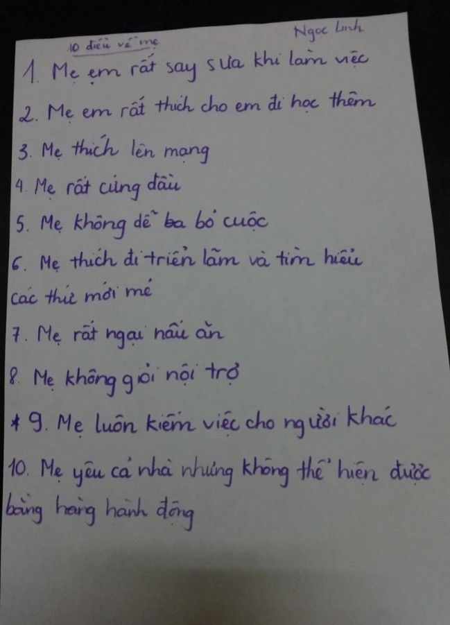 Bài kiểm tra viết 10 điều về mẹ của bạn học sinh.