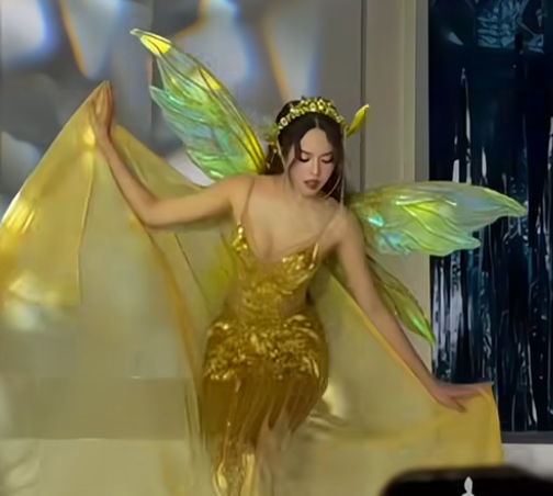 Thanh Thủy mất đà khi bước xuống cầu thang trong thiết kế dạ hội có phom dáng ôm sát.