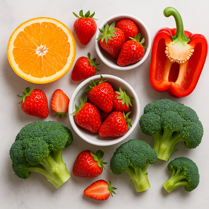 Tăng cường vitamin C qua khẩu phần ăn giàu cam, dâu tây, ớt chuông, kiwi và bông cải xanh.
