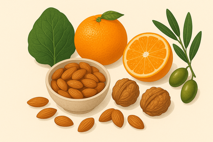Thực phẩm giàu vitamin E bao gồm hạnh nhân, dầu thực vật...