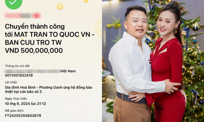 Phương Oanh và chồng quyên góp 500 triệu vào tháng 9/2024 khi bão Yagi gây ảnh hưởng. (Ảnh FBNV)
