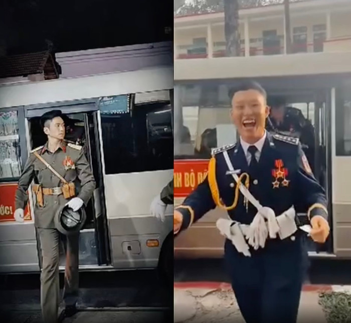 'Lê Hoàng Há Há' (phải) trở nên nổi tiếng sau khi 'nhái' dáng xuống xe của chiến sĩ Lê Hoàng Hiệp (trái).