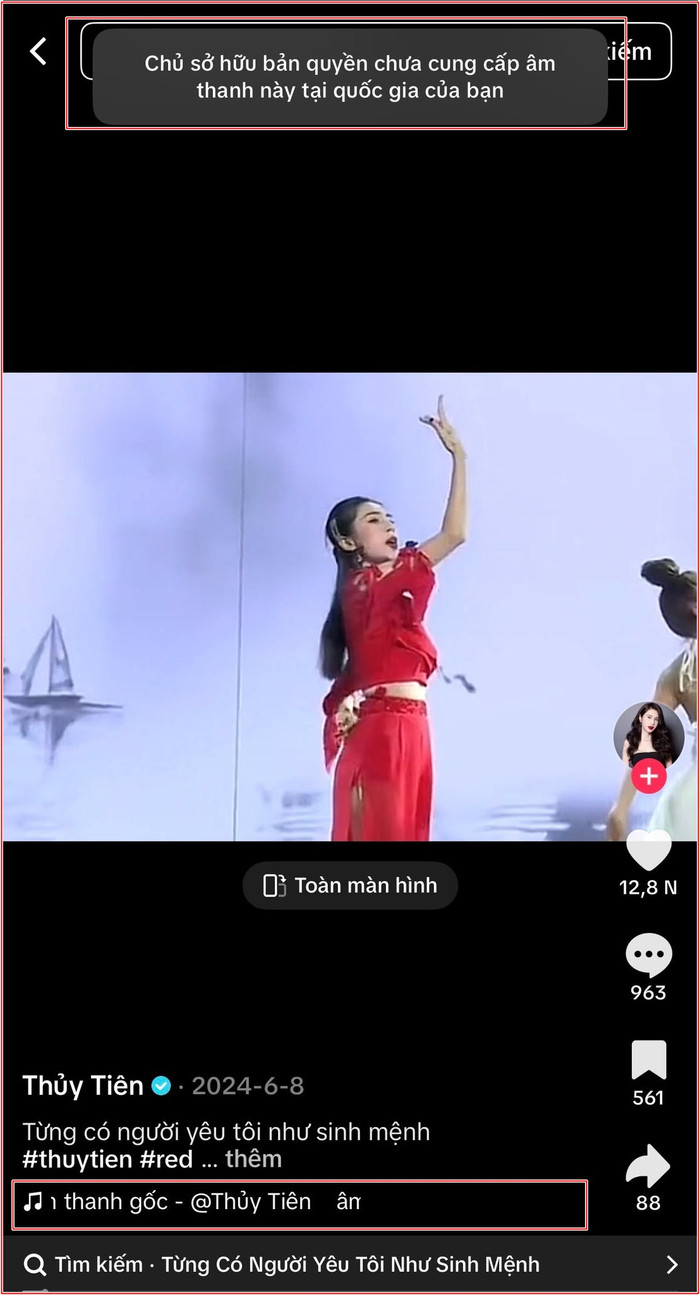 Video của Thủy Tiên bị tắt tiếng vì vi phạm bản quyền (Ảnh chụp màn hình).