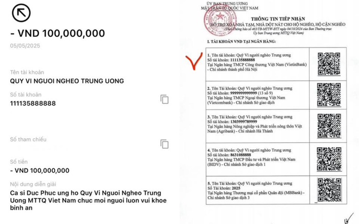 Đức Phúc gửi 100 triệu đồng vào Quỹ Mặt Trận Tổ Quốc Việt Nam. Ảnh: FBNV
