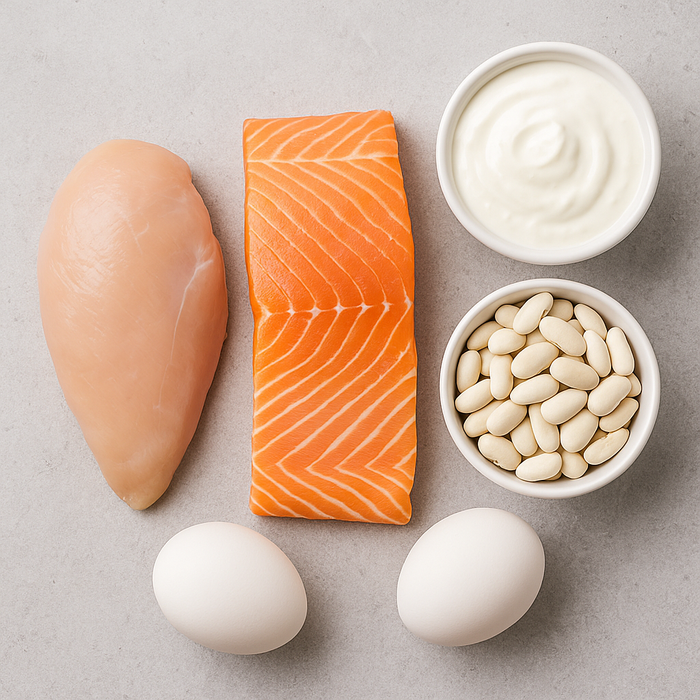 Nên ưu tiên các nguồn protein ít béo như thịt nạc, gia cầm bỏ da, cá, trứng, sữa ít béo hoặc không béo. 