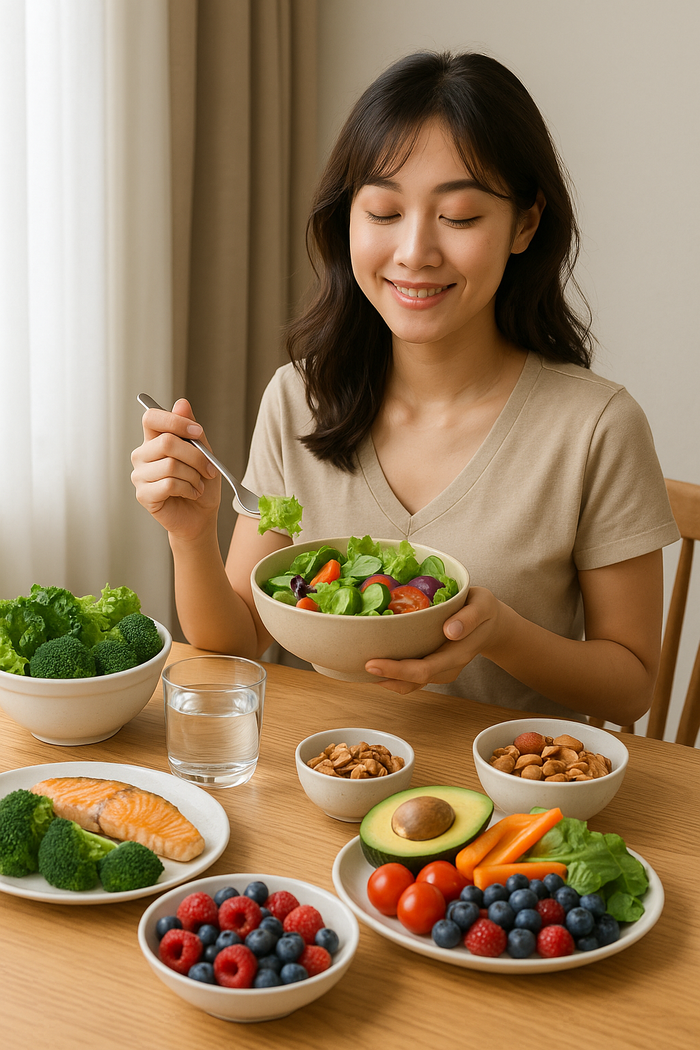 Chế độ ăn uống hàng ngày nên ưu tiên rau xanh đậm, quả mọng...