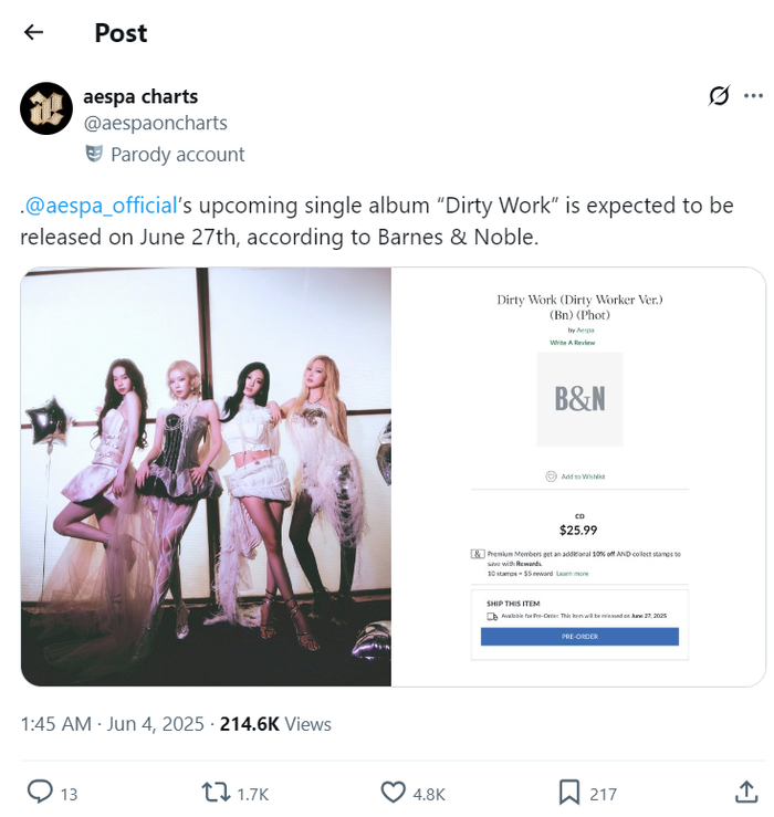 “Single album ‘Dirty Work’ của aespa dự kiến ra mắt ngày 27 tháng 6, theo thông tin trên Barnes & Noble.” - (Ảnh: aespa charts (@aespaoncharts) ngày 3 tháng 6, 2025).